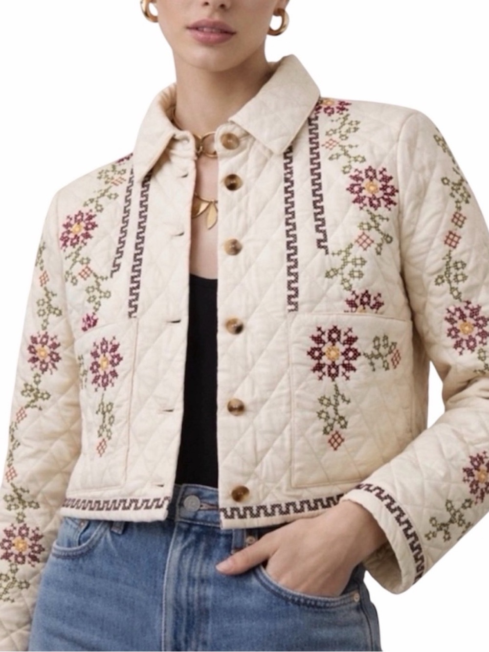 Christian lacroix Embroidered Quilted Cream Jacket with Floral Detail - Picture 2 of 7